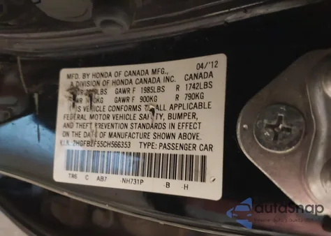 2012 Honda Civic Lx z USA, uszkodzony, nr VIN 2HGFB2F55CH566353